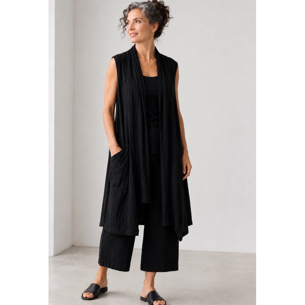 Bryn Walker Women Vest Sz Medium Cardigan Black Drape Open Front Bamboo Cotton